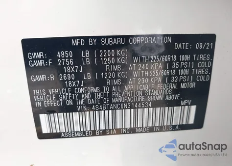 2022 Subaru Outback Limited из США, поврежденный, VIN 4S4BTANC6N3144534